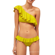 2020 New Sexy Swimming Shorts High Waist Thong Bikini Swimwear Women Push Up Ruffle Bathing Suit Gold Bikini